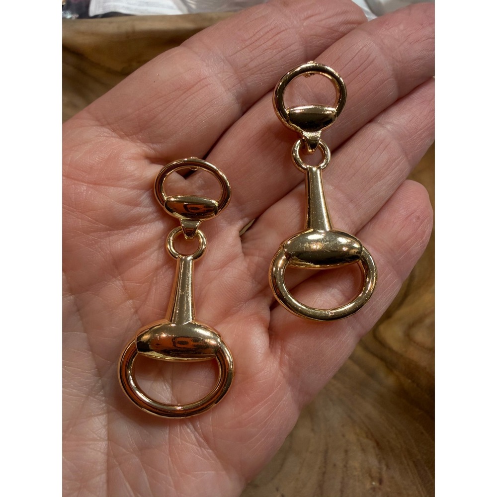Gold Tone Horsebit Drop Earrings Equestrian Snaffle Bit Statement Dangles NEW - Picture 3 of 3
